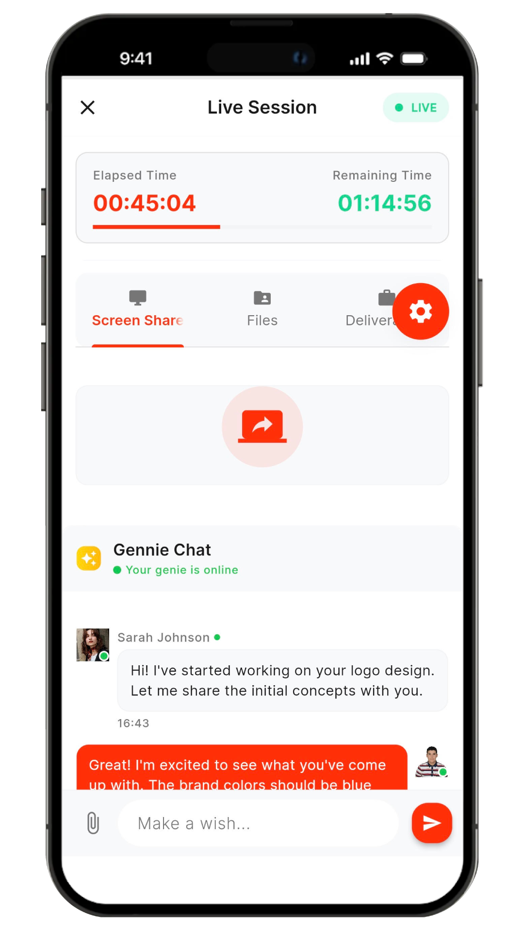 Summons app live session screen showing expert connection and screen sharing
